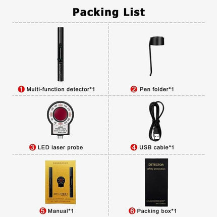Portable Hotel Signal Detector for Hidden Cameras and GPS Tracking packing list showing multi-function detector, pen folder, LED laser probe, USB cable, manual and box
