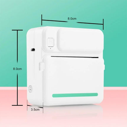 Student-Friendly Pocket Printer for Notes and Photos compact white inkless thermal printer showing dimensions 8.0cm x 8.0cm x 3.5cm