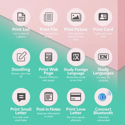 Student-Friendly Pocket Printer for Notes and Photos showing icons for print list, print picture, print web page, study language, Bluetooth connect