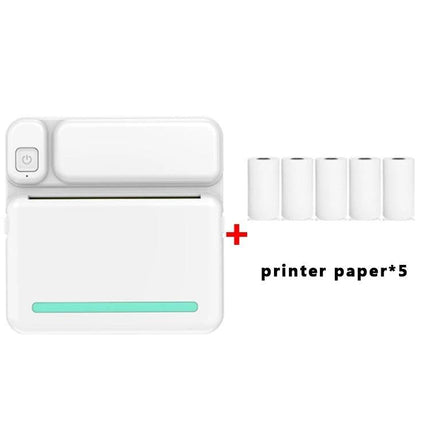 Student-Friendly Pocket Printer for Notes and Photos showing compact white thermal pocket printer with five rolls of printer paper