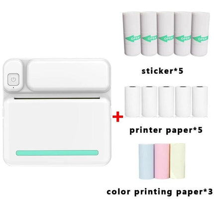 Student-Friendly Pocket Printer for Notes and Photos compact white thermal printer with sticker rolls, printer paper and color printing paper