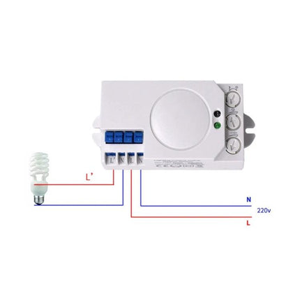 Microwave Radar Sensor Switch for Automatic Lighting Control white module with wiring diagram and adjustment knobs