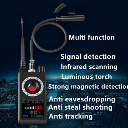 K19 Wireless Signal Detector for Privacy and Security Protection handheld device showing antennas, flexible probe and feature list for detecting hidden cameras and trackers