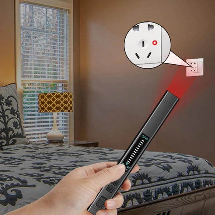 SF18 Portable Pen for Detecting Hidden Cameras and GPS Signals used to scan a hotel room wall outlet for hidden camera or GPS devices