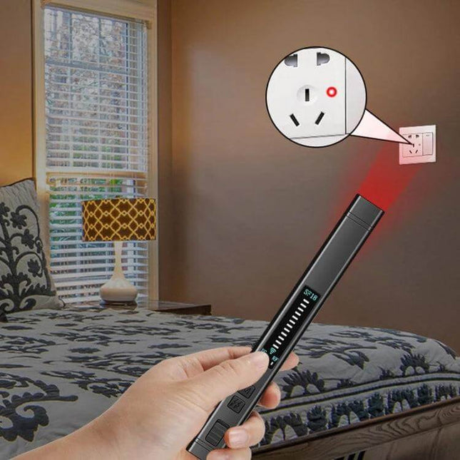 SF18 Portable Pen for Detecting Hidden Cameras and GPS Signals used to scan a hotel room wall outlet for hidden camera or GPS devices
