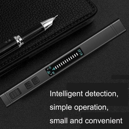 SF18 Portable Pen for Detecting Hidden Cameras and GPS Signals sleek black pen-shaped detector with LED display on leather surface