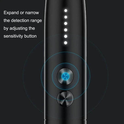 Anti-Candid Camera and Wireless Signal Detector for Privacy Protection showing sensitivity button and LED indicators on black device