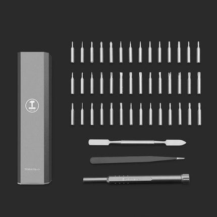 Greener Precision Screwdriver Set for Device Maintenance with S2 alloy bits, screwdriver handle, tweezers and pry tools neatly arranged