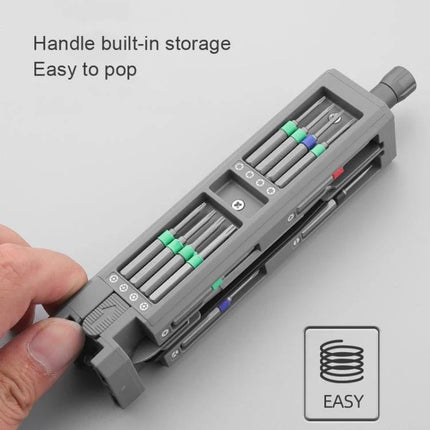 Greener Precision Screwdriver Set for Device Maintenance showing compact S2 alloy bits with built-in handle storage and easy pop-open design