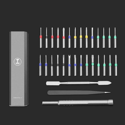 Greener Precision Screwdriver Set for Device Maintenance with S2 steel bits, driver, tweezers and pry tools neatly arranged in storage case