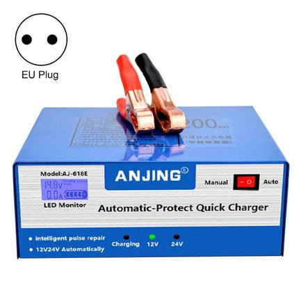 ANJING Battery Charger For Lead-Acid Car Batteries With EU US UK Plugs - blue automatic 12/24V charger with clamps, LED monitor and EU plug option