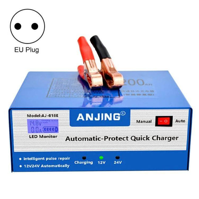 ANJING Battery Charger For Lead-Acid Car Batteries With EU US UK Plugs - blue automatic 12/24V charger with clamps, LED monitor and EU plug option