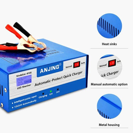 ANJING Battery Charger For Lead-Acid Car Batteries With EU US UK Plugs - blue automatic 12/24V charger with EU US UK plug options, clamps, LED display