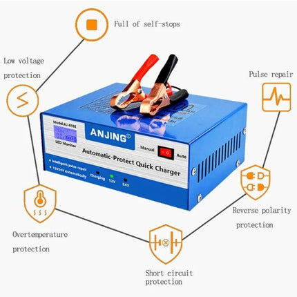 ANJING Battery Charger For Lead-Acid Car Batteries With EU US UK Plugs, blue automatic-protect quick charger with clamps and safety icons