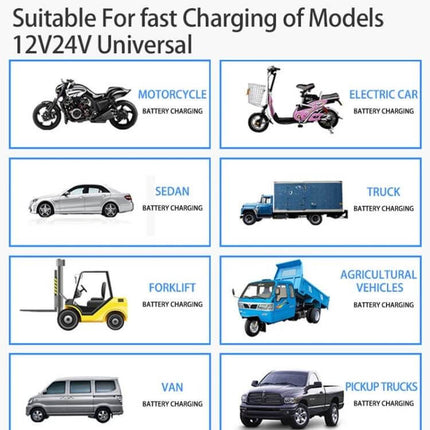 ANJING Battery Charger For Lead-Acid Car Batteries With EU US UK Plugs charging motorcycles, sedans, vans, pickup trucks, trucks, forklifts and agricultural vehicles