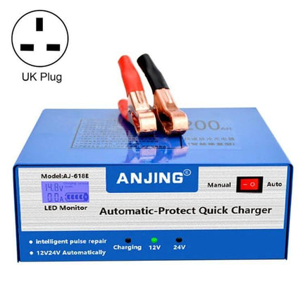 ANJING Battery Charger For Lead-Acid Car Batteries With EU US UK Plugs - blue automatic 12/24V charger with UK plug and alligator clamps