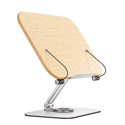Ergonomic Adjustable Desktop Stand for Tablets and Books in natural wood finish, adjustable angle and height for tablet or book viewing