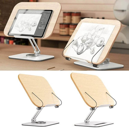Ergonomic Adjustable Desktop Stand for Tablets and Books on desk holding tablet and sketchbook, adjustable height and angle to reduce neck strain