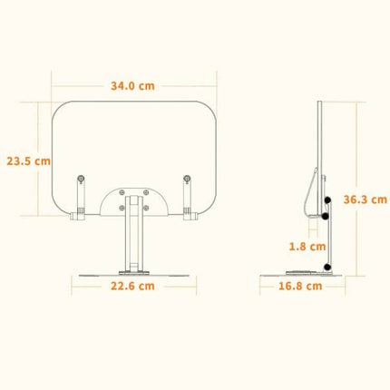 Ergonomic Adjustable Desktop Stand for Tablets and Books with dimensions diagram showing 34.0x23.5x36.3 cm and base 22.6x16.8 cm