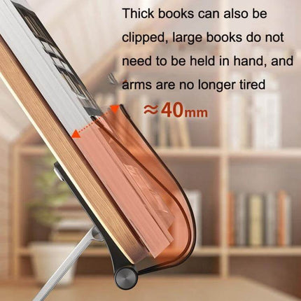 Ergonomic Adjustable Desktop Stand for Tablets and Books holding a thick book clipped at a 40mm depth to reduce neck strain