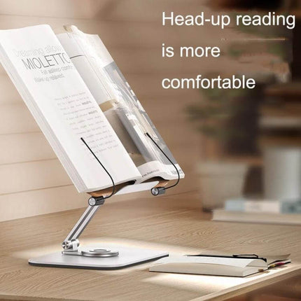Ergonomic Adjustable Desktop Stand for Tablets and Books holding a book at eye level on a desk to reduce neck strain