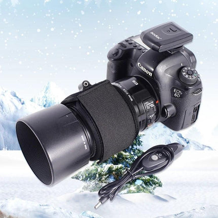 USB-Powered Camera Lens Warmer Belt for Outdoor and Diving Use wrapped on DSLR lens preventing fog during cold-weather and underwater shoots
