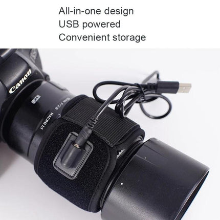 USB-Powered Camera Lens Warmer Belt for Outdoor and Diving Use wrapped around camera lens with USB connector and compact design