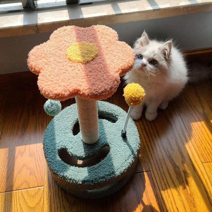 Turntable Cat Scratching Toy for Everyday Home Play with flower top, pom-pom teaser and kitten by sunny window