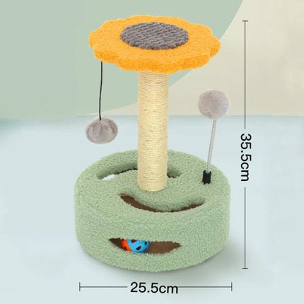 Turntable Cat Scratching Toy for Everyday Home Play - compact 35.5cm plush scratching post with rotating top, ball track and dangling pom toys
