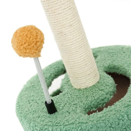 Turntable Cat Scratching Toy for Everyday Home Play - green plush base with sisal post and attached orange pom-pom spring toy