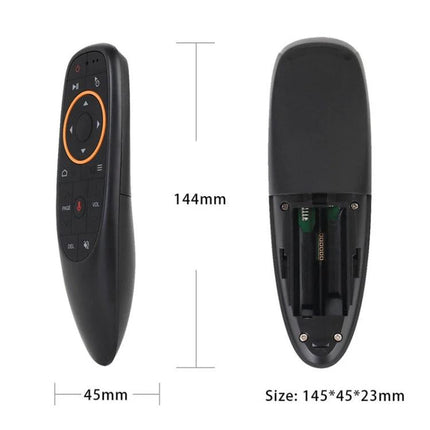Wireless Voice Remote Control with Learning Function for TVs - Front and Back View Showing Buttons, Battery Compartment and Dimensions