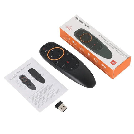 Wireless Voice Remote Control with Learning Function for TVs shown with USB receiver, manual and packaging