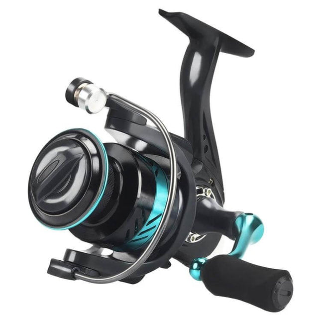 Metal Spinning Wheel With EVA Grip For Fishing Line - black and teal reel with EVA handle, smooth bearing and stainless steel spool for reliable casting