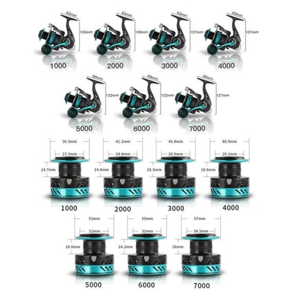 Metal Spinning Wheel With EVA Grip For Fishing Line showing multiple reel sizes, spool dimensions and turquoise-black design for smooth casting and retrieval