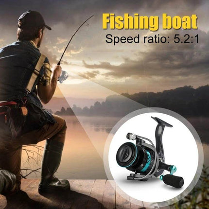Metal Spinning Wheel With EVA Grip For Fishing Line shown with angler casting at sunset, smooth bearing and anti-jam design