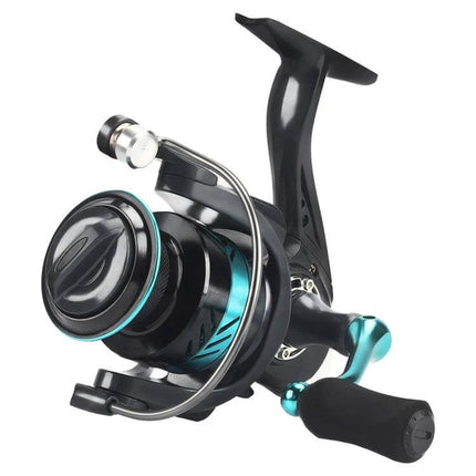 Metal Spinning Wheel With EVA Grip For Fishing Line - black and teal reel showing EVA handle, stainless steel rack and smooth bearing