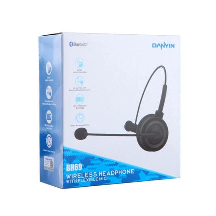 DANYIN Single Ear Bluetooth Headset For Hands Free Office Calls black headset packaging showing mic and earcup for office use