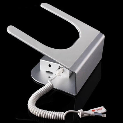 Anti-Theft Tablet Display Stand with Charging and Alarm Feature — silver locking display stand with coiled security cable