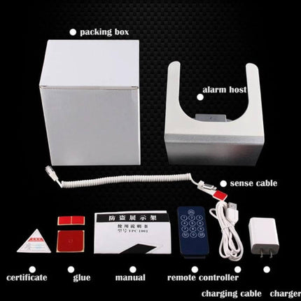 Anti-Theft Tablet Display Stand with Charging and Alarm Feature showing alarm host, sense cable, charging cable, remote, manual and packaging