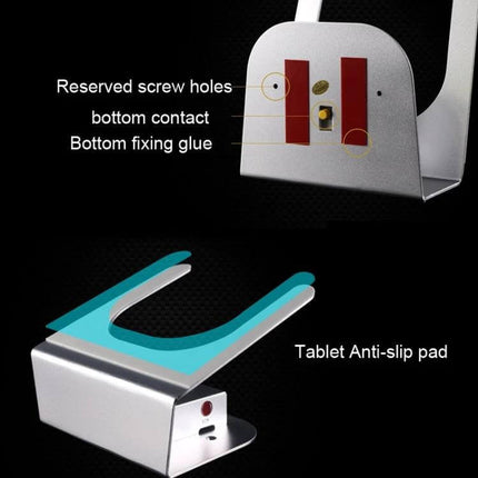 Anti-Theft Tablet Display Stand with Charging and Alarm Feature showing reserved screw holes, bottom fixing glue and tablet anti-slip pad