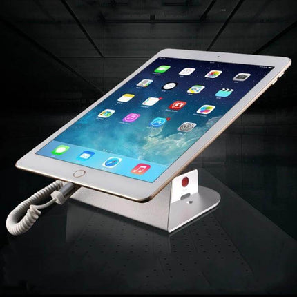 Anti-Theft Tablet Display Stand with Charging and Alarm Feature securely holding and charging a tablet on a countertop display