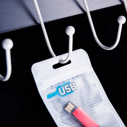 Set of 100 Ziplock Bags for USB Cable Storage, in 7.5x12cm and 10.5x15cm Sizes - reusable CPP PET cable storage bags with hang hole, USB pack shown