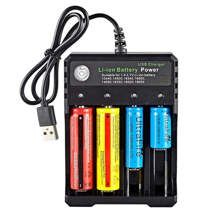 USB 4-Slot Lithium Battery Charger for 18650 and Compatible Models - USB 4-slot charger charging 4 lithium batteries (10440,14500,18650) via USB cable