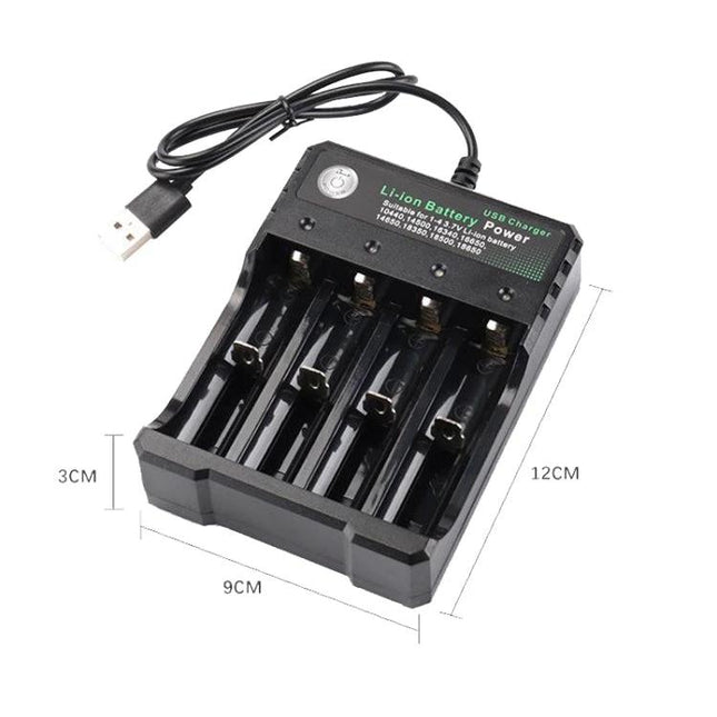 USB 4-Slot Lithium Battery Charger for 18650 and Compatible Models shown with USB cable and four empty battery slots