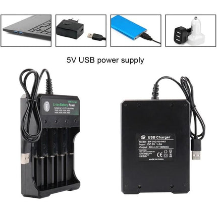 USB 4-Slot Lithium Battery Charger for 18650 and Compatible Models - compact USB-powered 4-slot charger shown front and back with USB cable