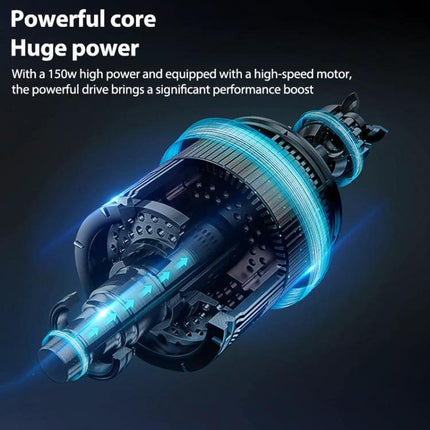 Small Car Blowing And Suction Dual-Purpose Vacuum Cleaner Car And Home showing high-speed motor core illustration emphasizing powerful 150W performance
