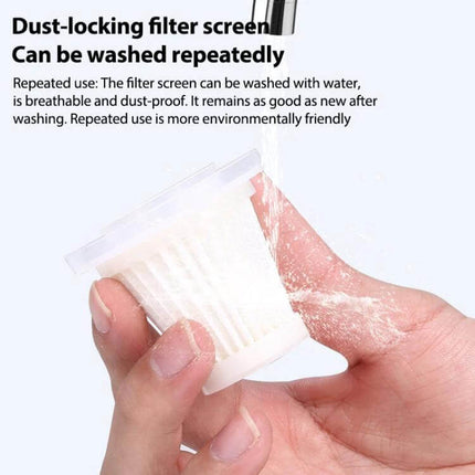 Small Car Blowing And Suction Dual-Purpose Vacuum Cleaner Car And Home showing washable dust-locking filter screen held under running water
