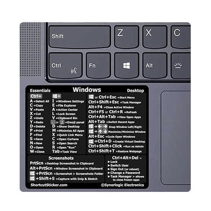 Adhesive Keyboard Shortcut Reference Sticker for PC Devices, Black on laptop palm rest showing Windows shortcut keys