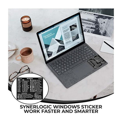 Adhesive Keyboard Shortcut Reference Sticker for PC Devices, Black on laptop keyboard showing Windows shortcuts for faster workflow