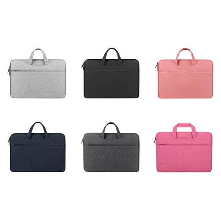 Waterproof Shock-Absorbing Laptop Handbag with Large Capacity showing six color options (gray, black, pink, navy, charcoal, rose) for 15.6-inch laptops